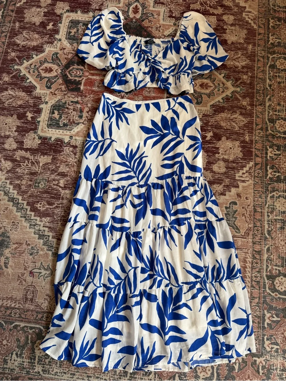 Vici White and Cobalt Blue Leaf Print Matching Set